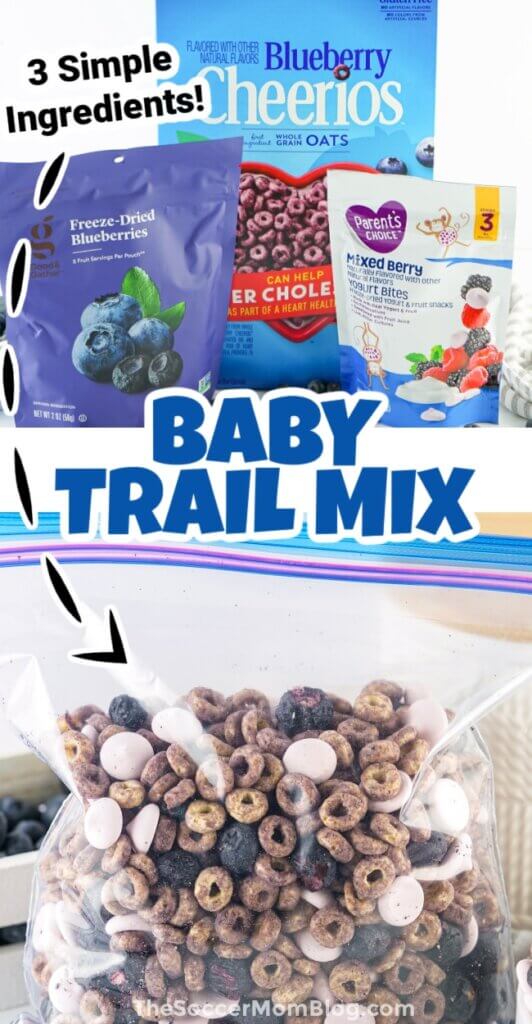 2 photo Pinterest collage of baby trail mix, with ingredients and finish mix in bag