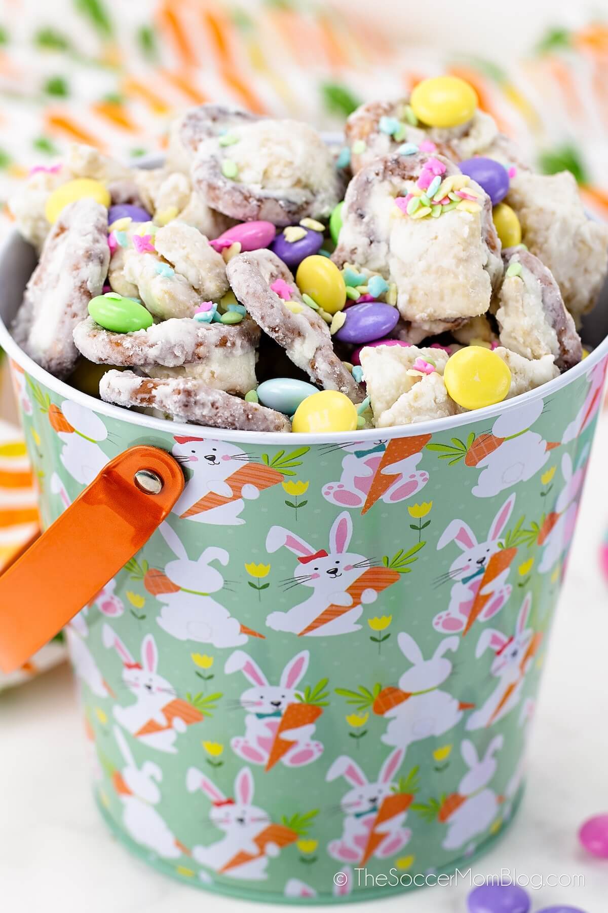 Easter bucket filled with Bunny Bait snack mix