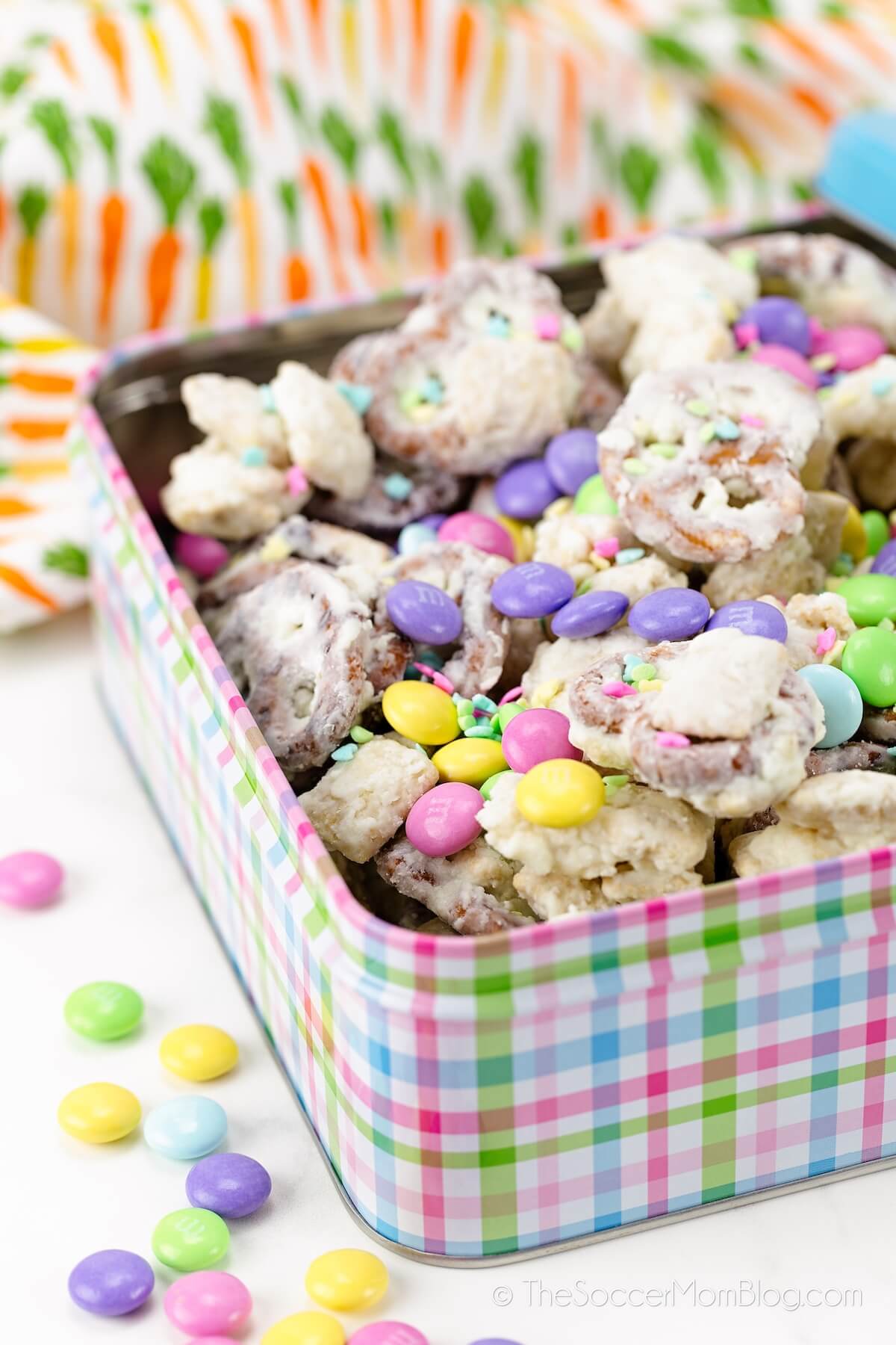 decorative tin with Easter themed snack mix