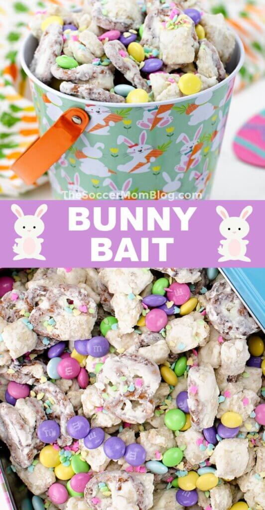 vertical Pinterest image of Easter snack mix; text overlay "Bunny Bait"