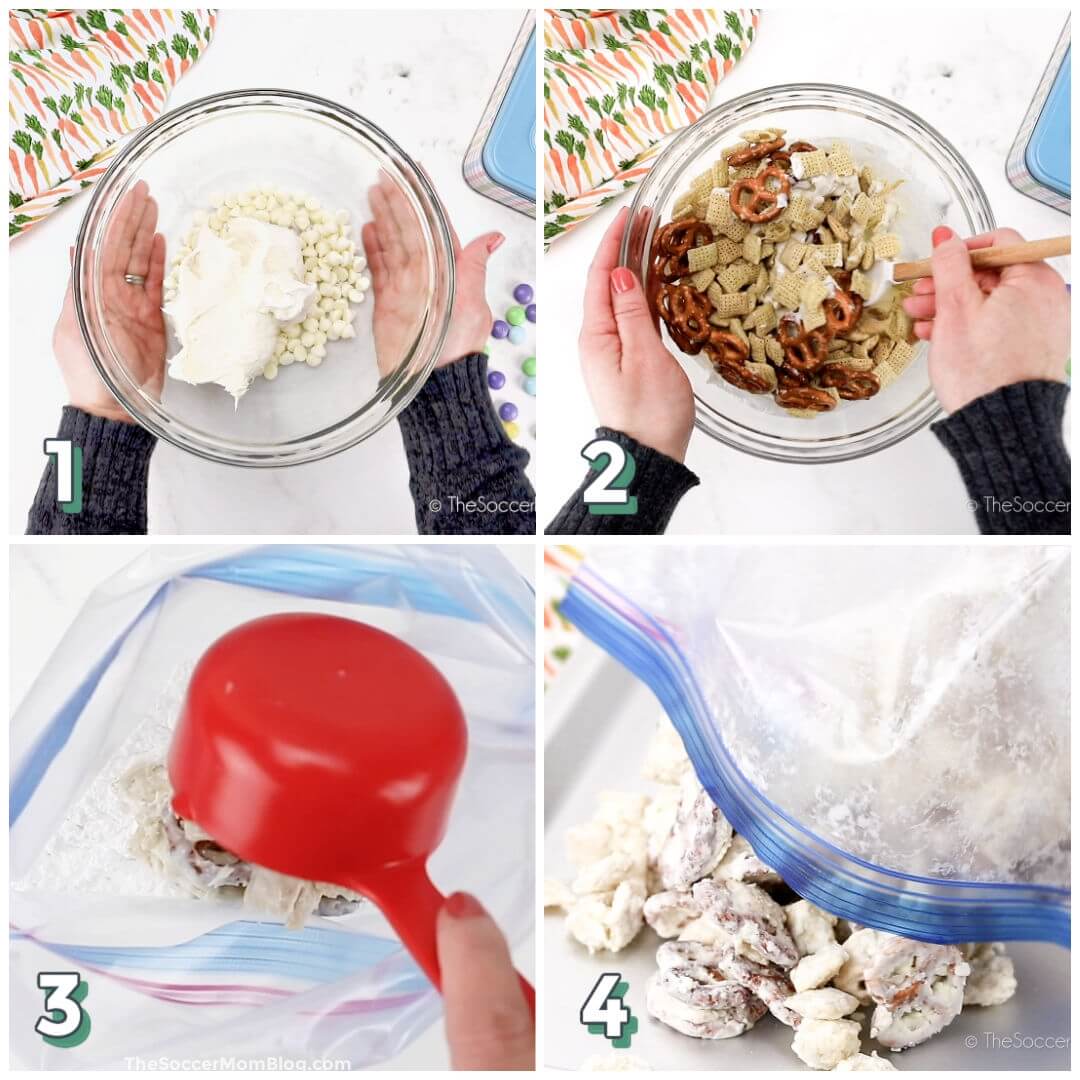 4 step photo collage showing how to make Easter chex mix