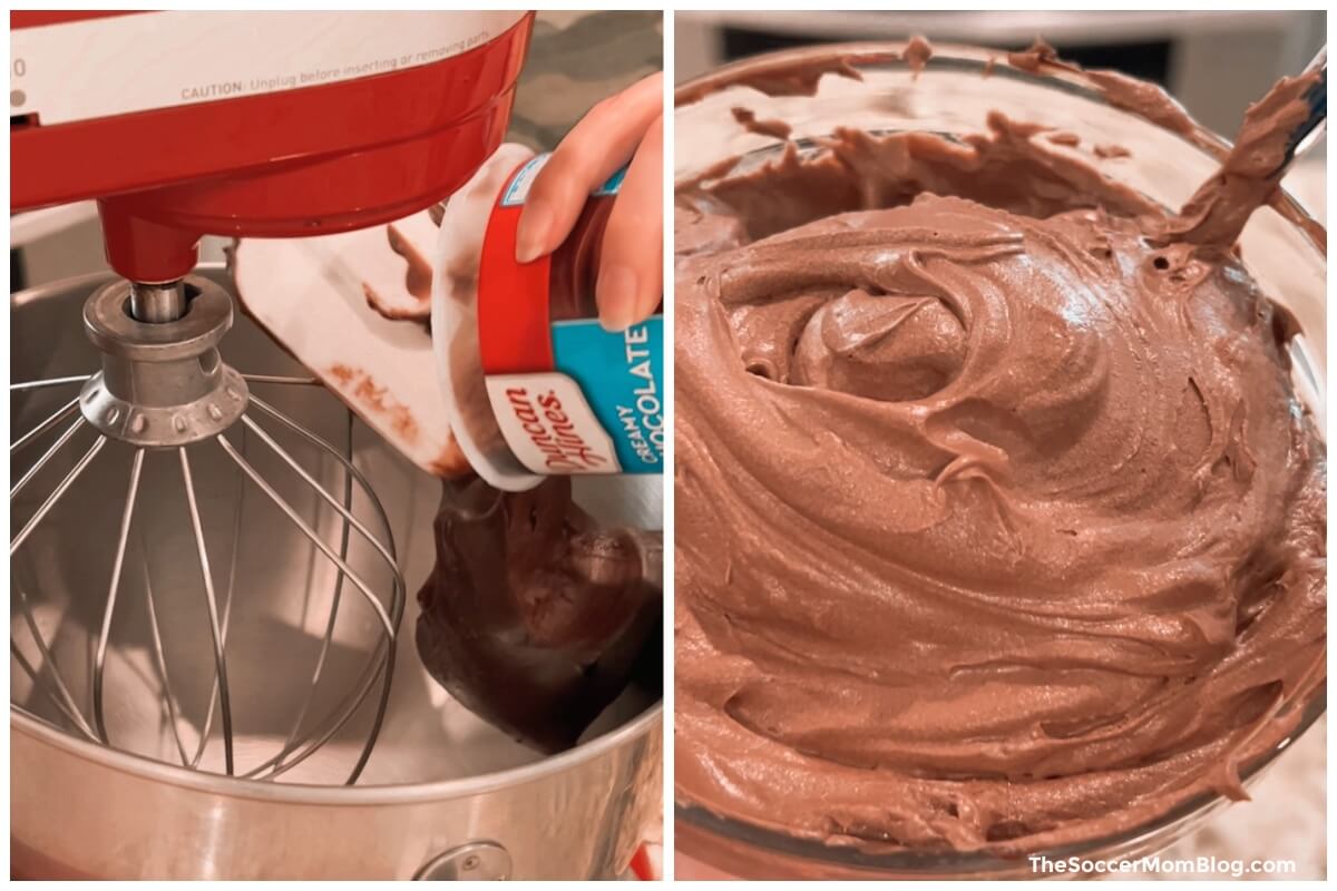 2 photo collage showing how to turned canned frosting into fluffy buttercream.