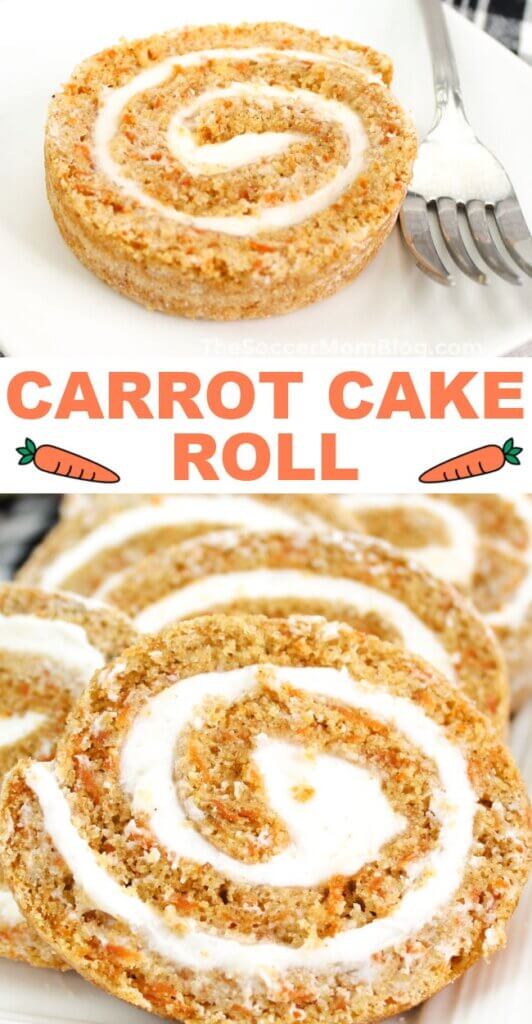 2 image vertical collage of Carrot Roll Cake