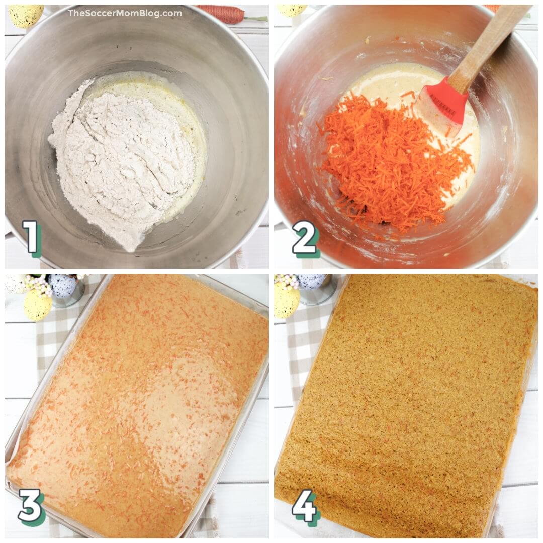 4 step photo collage showing how to make carrot sheet cake