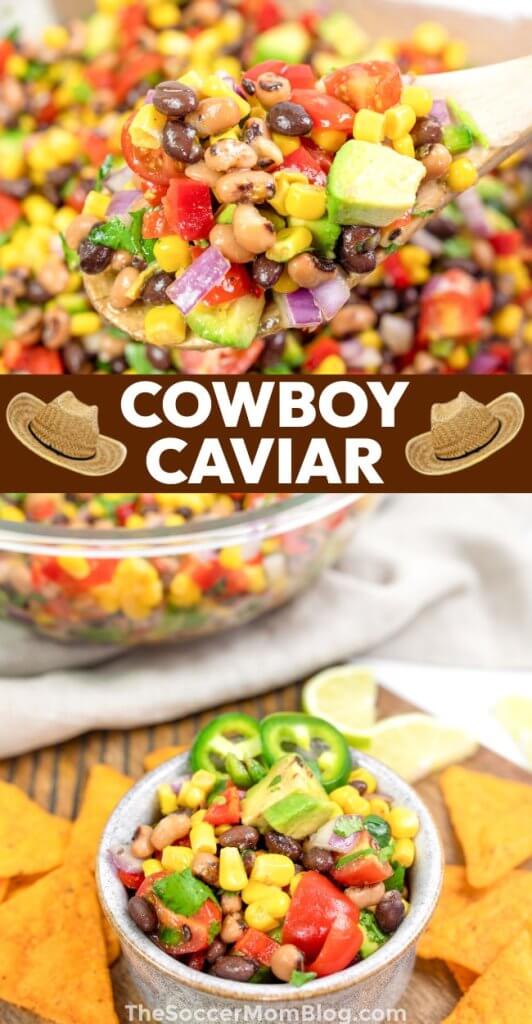 2 photo vertical Pinterest collage of Cowboy Caviar appetizer recipe