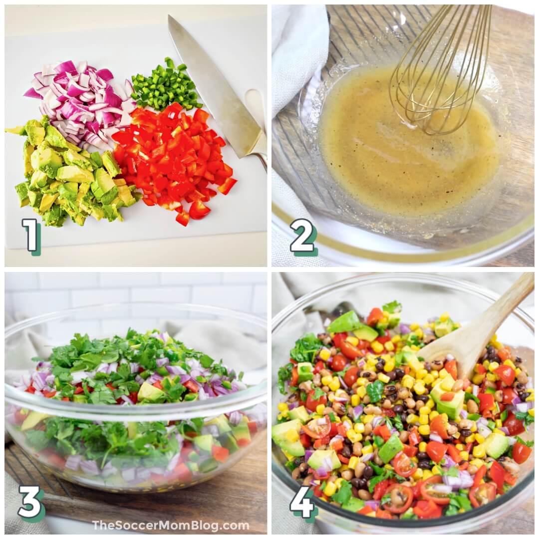 4 step photo collage showing how to make Texas Caviar dip