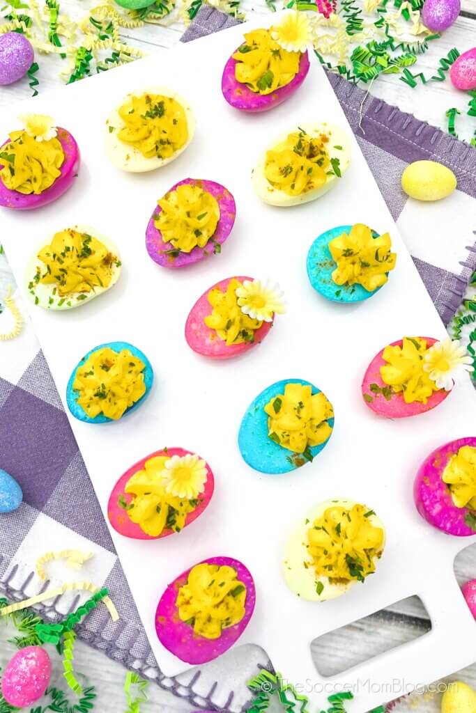 Easter deviled eggs in bright pastel colors