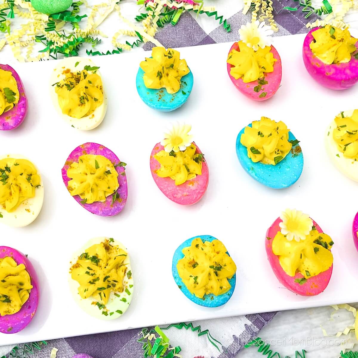 plate of colorful Easter deviled eggs