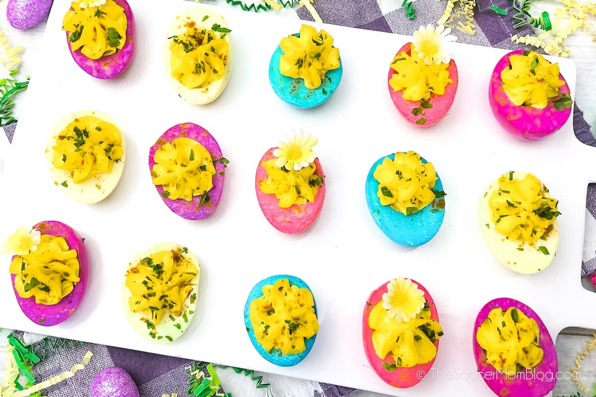tray of colorful pastel Easter deviled eggs