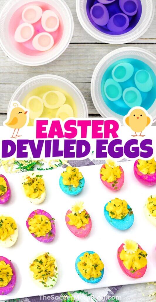 2 photo vertical Pinterest collage showing how to make colorful Easter deviled eggs