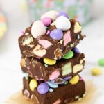 stack of chocolate Easter fudge with candy inside