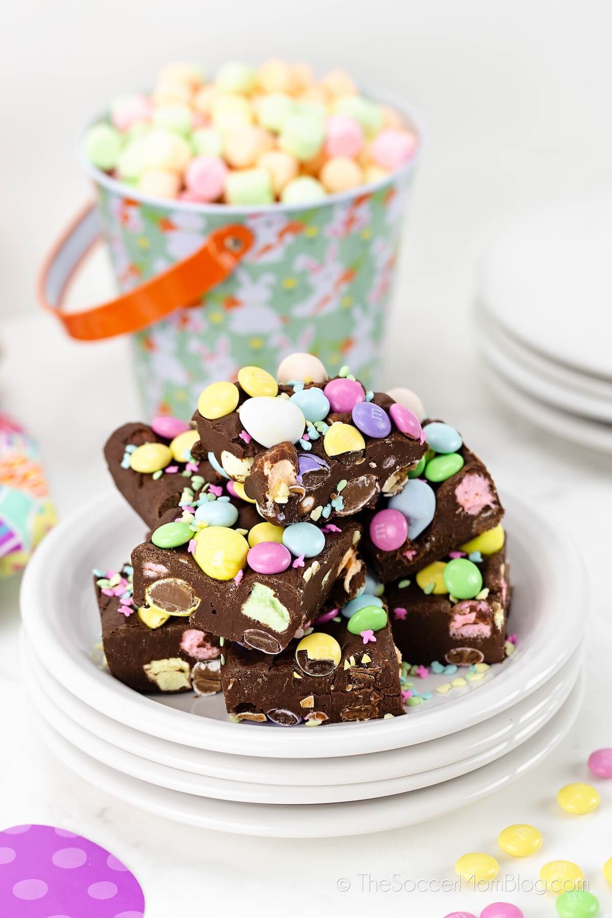plate of chocolate Easter fudge filled with candy
