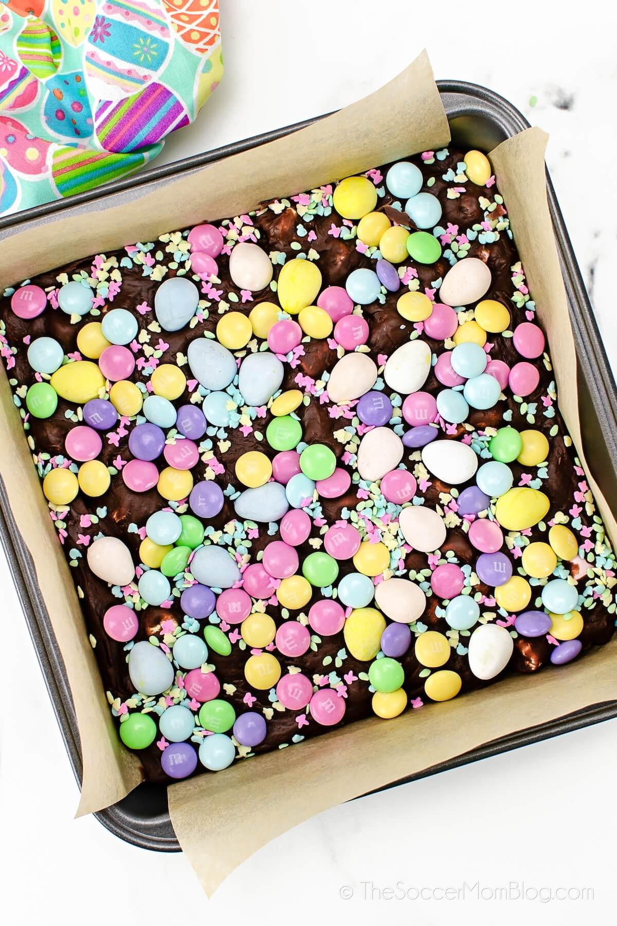 top-down view of colorful Easter fudge in pan