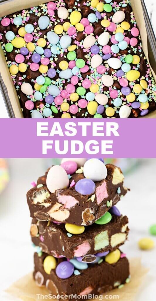 2 photo vertical Pinterest collage of chocolate Easter egg fudge