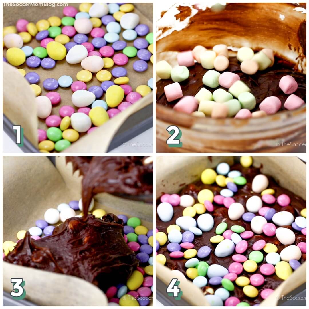 4 step photo collage showing how to make Easter fudge with candy