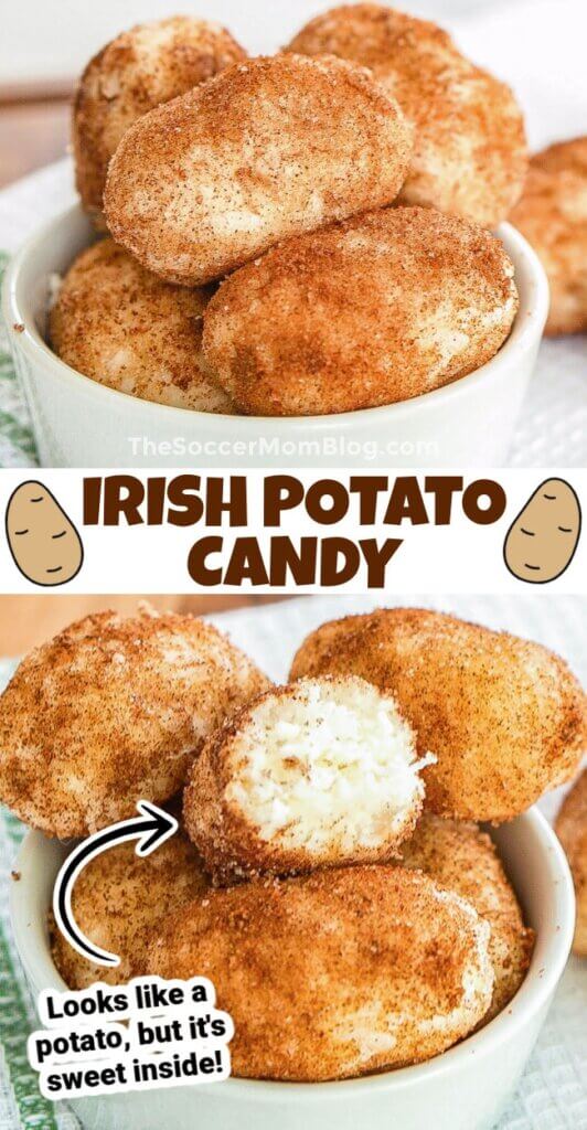 2 photo vertical Pinterest collage showing Irish Potato Candy