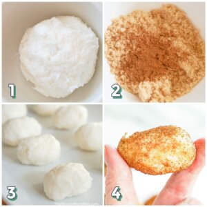 4 step photo collage showing how to make Irish potato candy