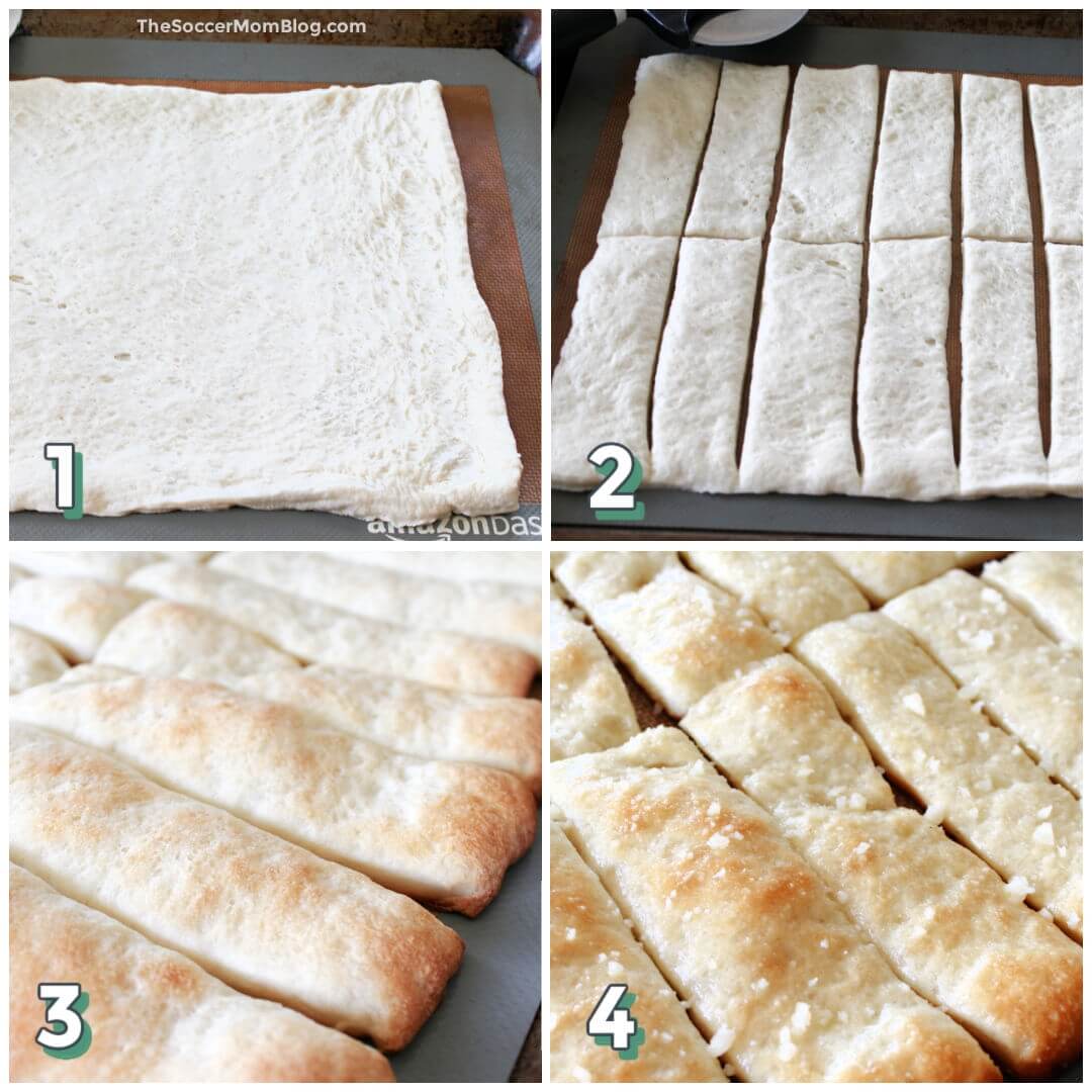 4 step photo collage showing how to make Little Caesars crazy bread at home