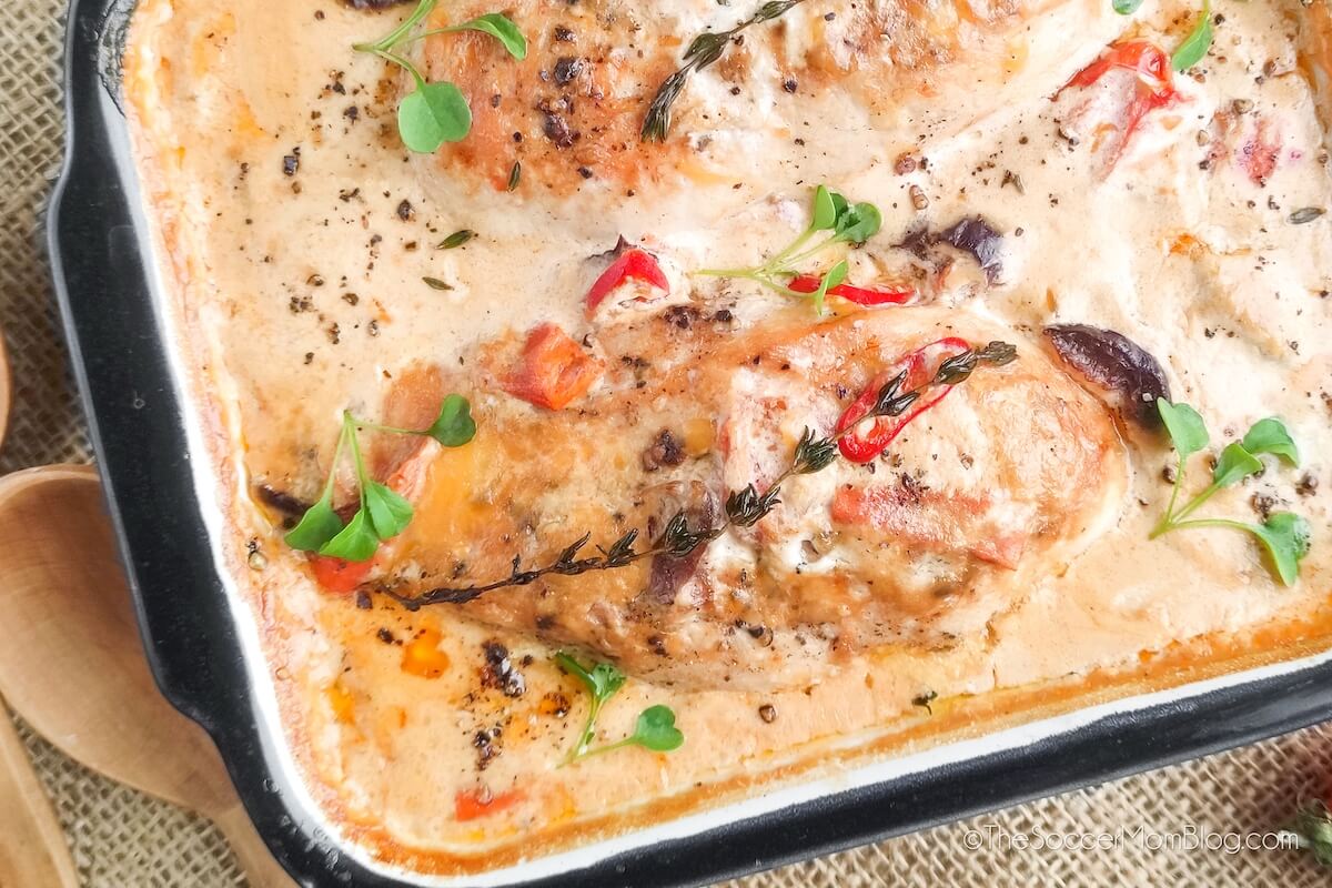 Close Up View of Marry Me Chicken - chicken breast in creamy tomato sauce