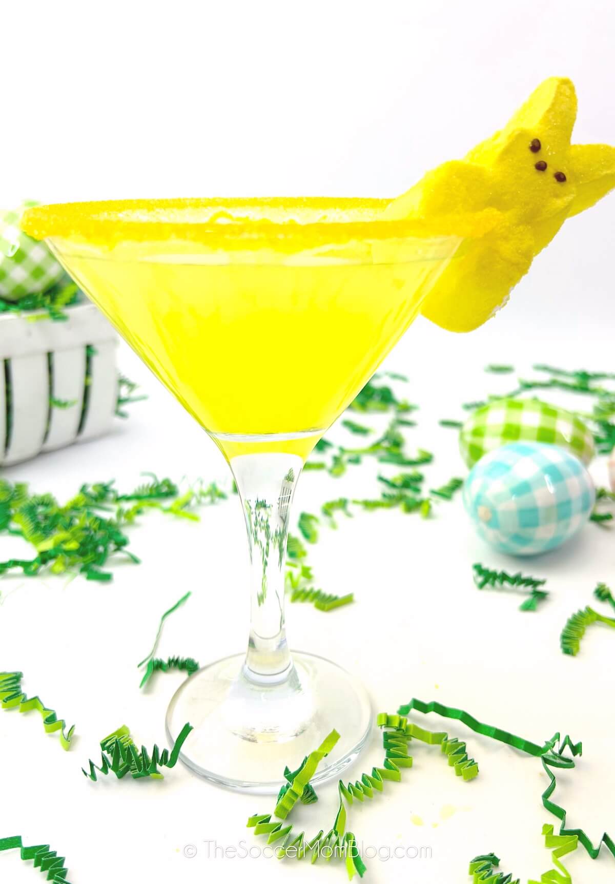 bright yellow martini with bunny Peeps on the rim