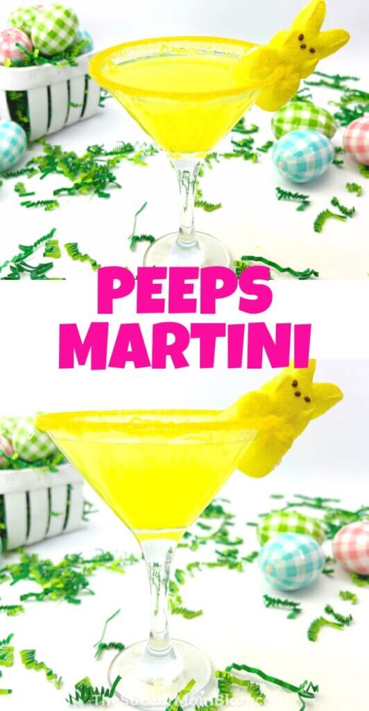 2 photo Pinterest image of a yellow Peeps Easter martini