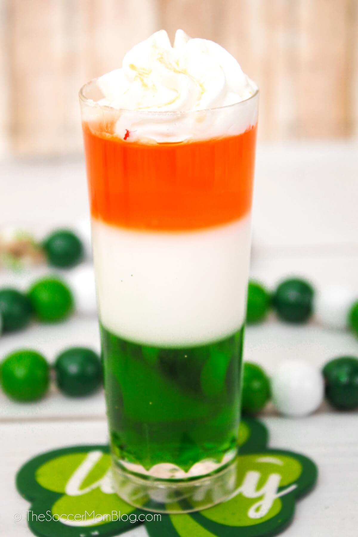 close up of a layered St. Patrick's Day jello shot
