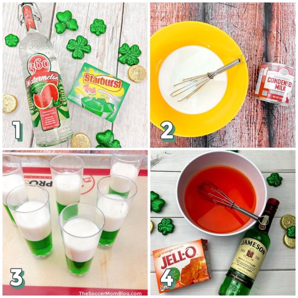 4 step photo collage showing how to make layered jello shots for St. Patrick's Day