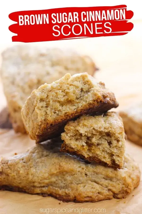 stack of scones; text overlay "Brown Sugar Cinnamon Scones"