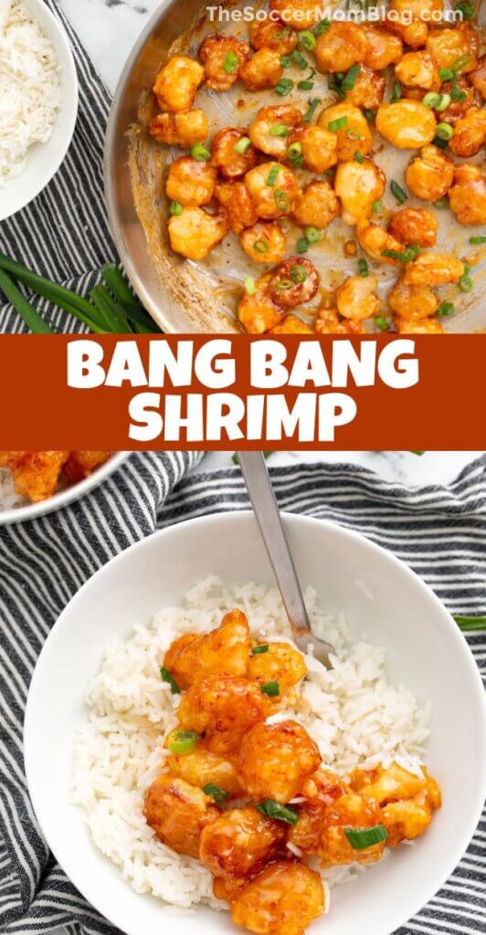 2 photo vertical Pinterest collage of bang bang shrimp dish