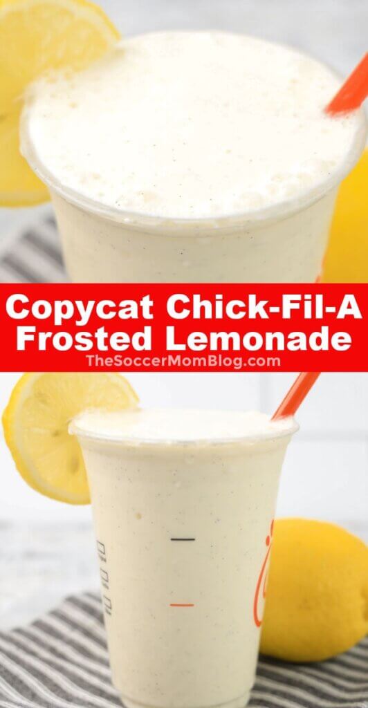 vertical Pinterest collage of Copycat Chick-Fil-A Frosted lemonade recipe