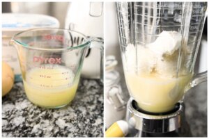2 step photo collage showing how to make frosted lemonade in a blender