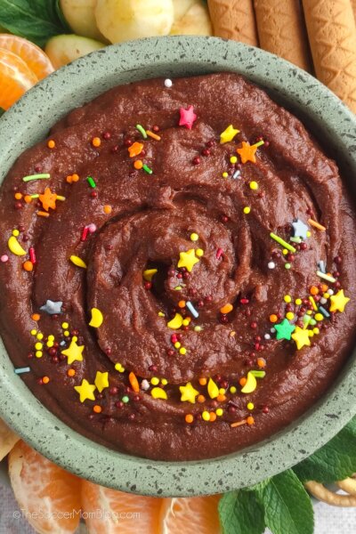 view of chocolate hummus in a bowl, viewed from above