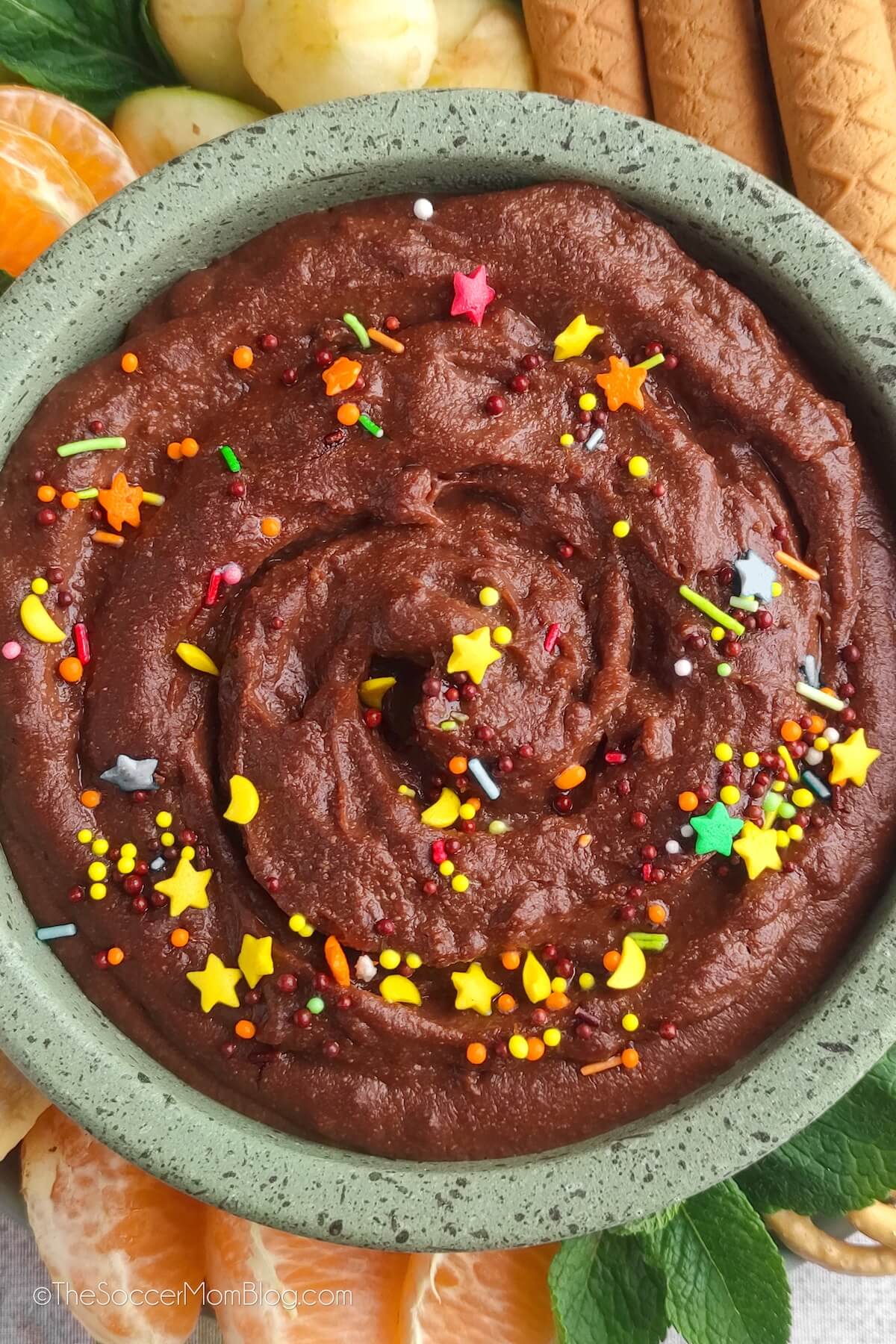 bowl of chocolate hummus, viewed from above