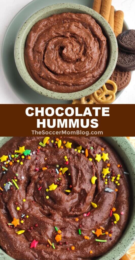 vertical Pinterest collage of chocolate hummus recipe
