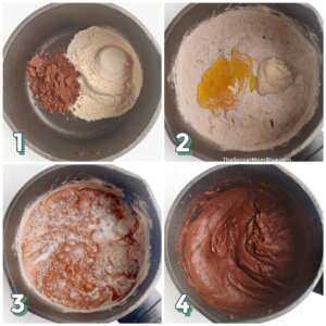 4 step photo collage showing how to make chocolate hummus in a saucepan
