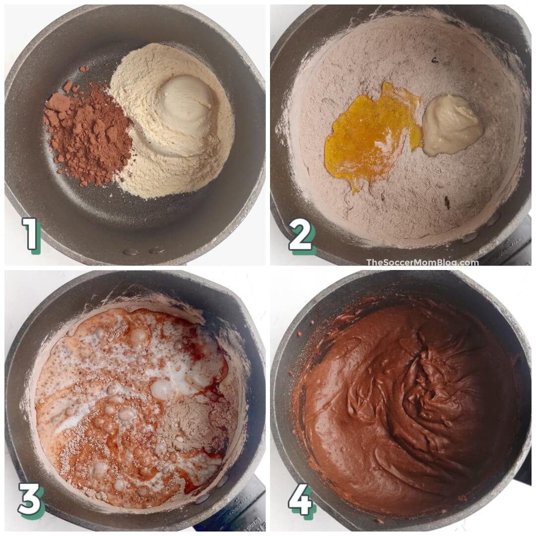 4 step photo collage showing how make chocolate hummus in a saucepan