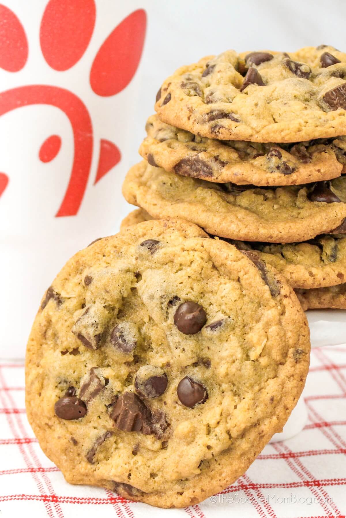 stack of chocolate chip cookies with a Chick-fil-A cup in background