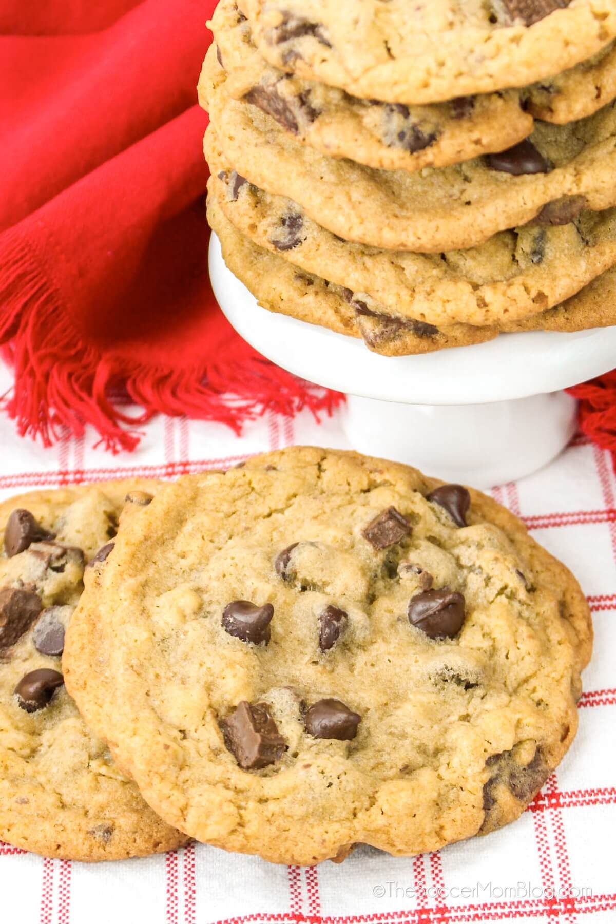 chocolate chunk cookies on a red and white towel