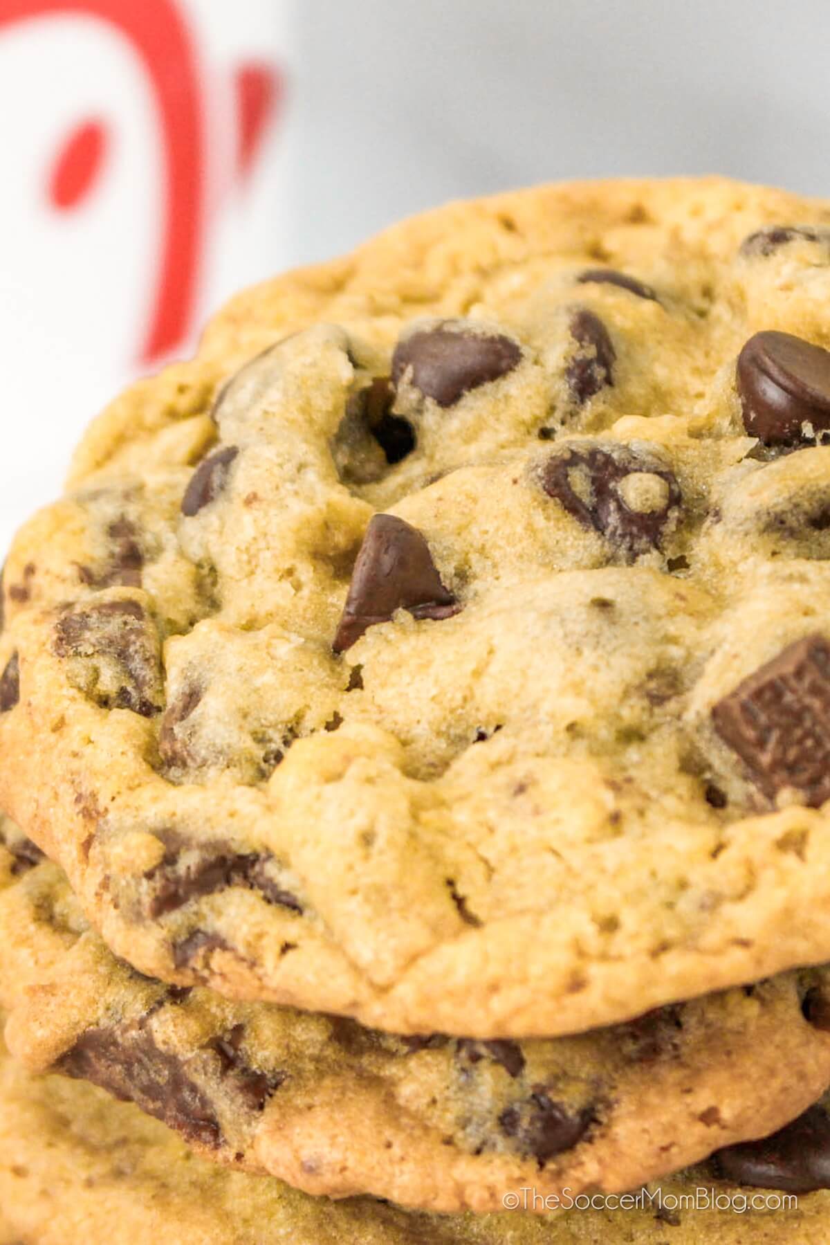 close up on a stack of chocolate chunk cookies