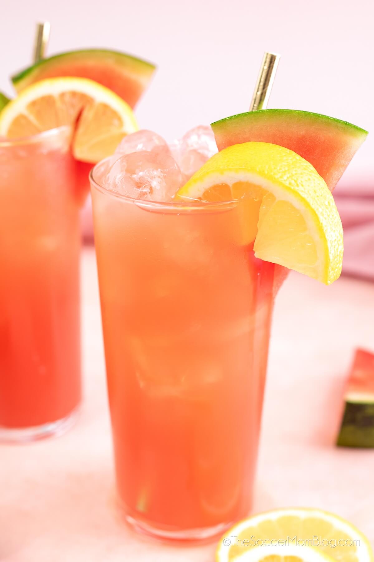 close up of a glass of watermelon mint lemonade