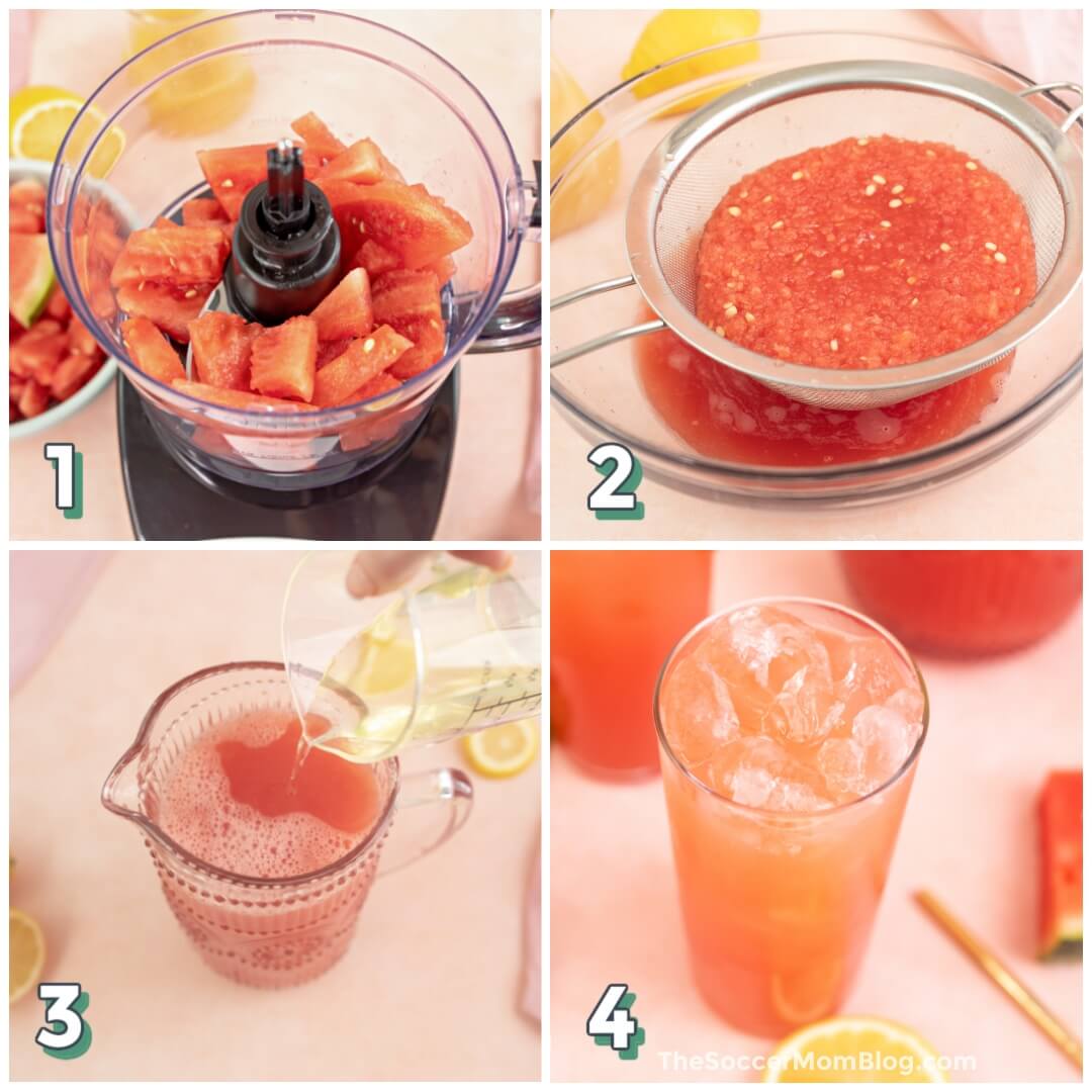 4 step photo collage showing how to make copycat Chick-fil-A watermelon mint lemonade
