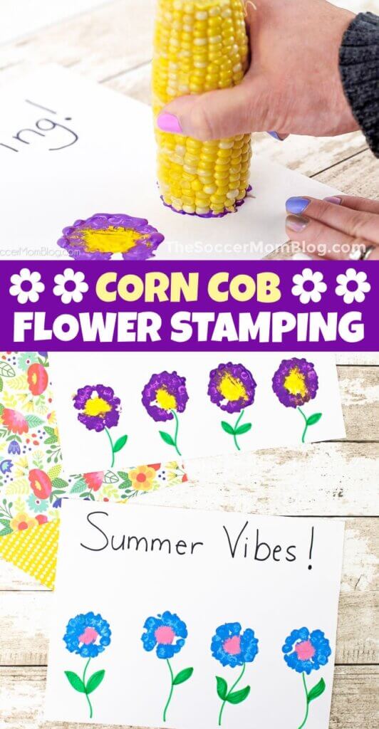 Pinterest collage showing how to make flowers using corn cobs as stamps