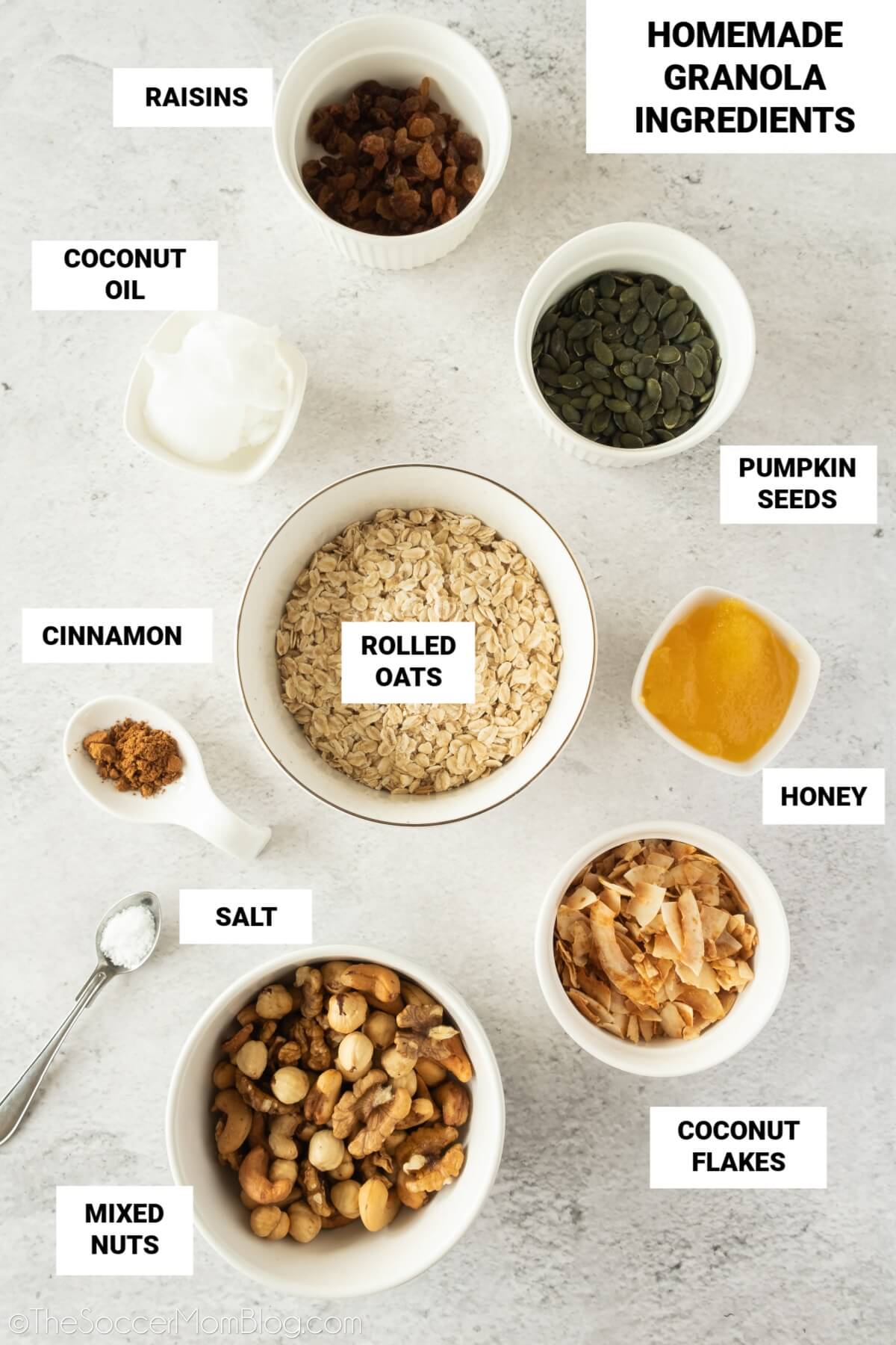 ingredients to make homemade granola, with text labels