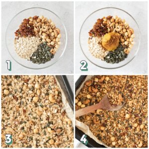 4 step photo collage showing how to make homemade granola