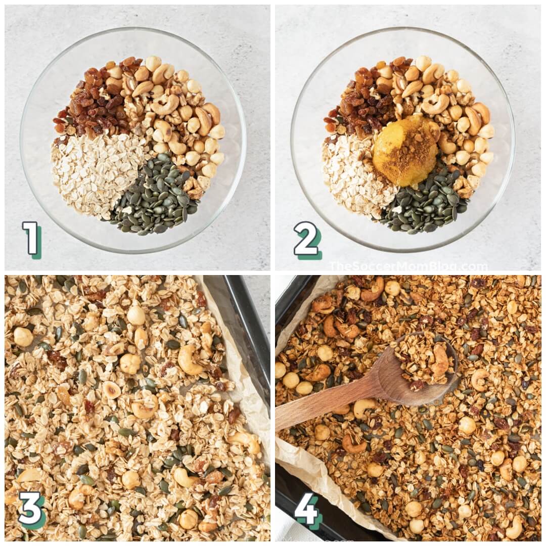 4 step photo collage showing how to make homemade granola 
