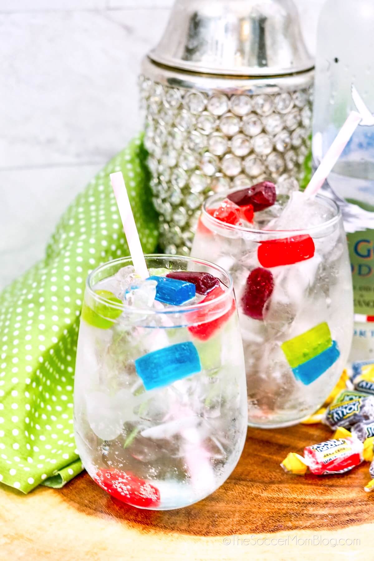 clear cocktail with Jolly Rancher candy