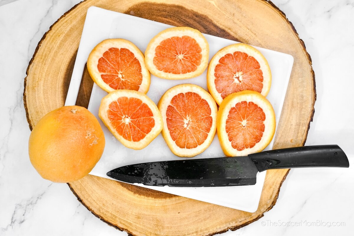 grapefruit slices on cutting board