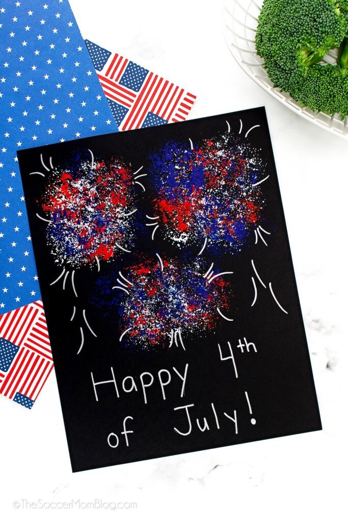 kids fireworks art activity with red, white, and blue fireworks made from broccoli