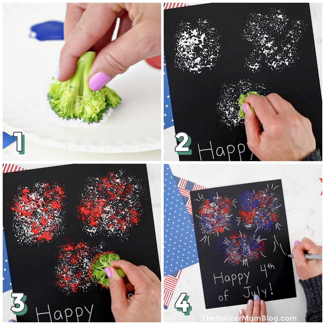 4 step photo collage showing how to paint fireworks with broccoli