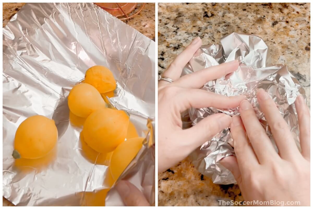 2 photo collage showing wrapping yellow squash in foil